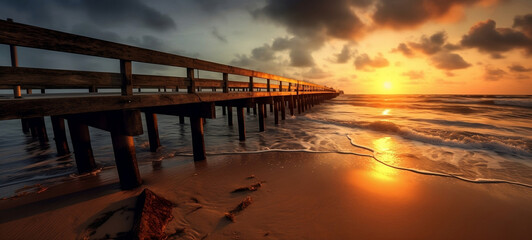 Pier at sunset. Generative AI. 