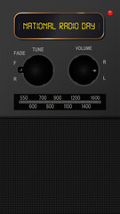 National Radio Day Greeting vertical poster in 16:9 ratio. Front view of modern radio with digital typography of Radio day on digital display. Editable Vector Artwork. EPS 10