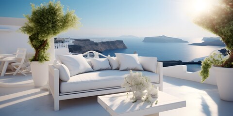 Obraz premium Luxury apartment terrace Santorini Interior of modern living room sofa or couch with beautiful sea view