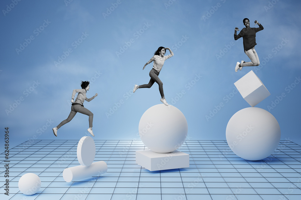 Poster artwork collage image of excited determined black white effect people run jump geometric figures cir