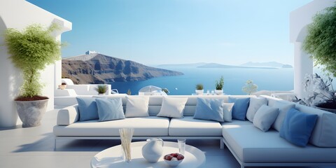 Obraz premium Luxury apartment terrace Santorini Interior of modern living room sofa or couch with beautiful sea view