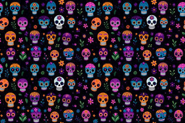 Day of the Dead seamless texture, tiling pattern, sugar skulls on black background