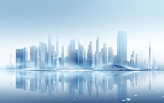 A blue futuristic modern technology city skyline with buildings.