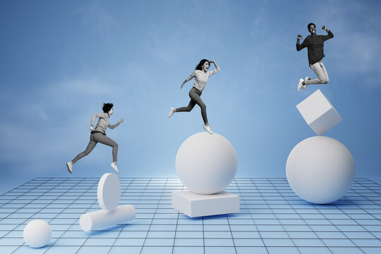 Artwork collage image of excited determined black white effect people run jump geometric figures circle square cube isolated on creative background - Powered by Adobe