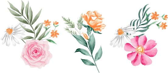 Watercolor Bouquet of flowers, isolated, white background, pink and yellow roses and green leaves