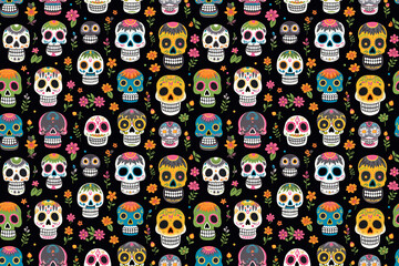 Day of the Dead seamless texture, tiling pattern, sugar skulls on black background