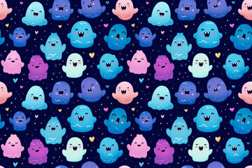 Halloween ghosts seamless texture, tiling pattern, cute kawaii, dark background, blue