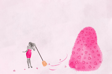 Collage picture of pretty black white colors elegant girl hold broomstick sweeping like...