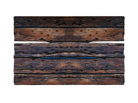Dark brown antique plank frame background with tropical leaves and climbing vines on plank edges. Isolate on transparent background PNG file.