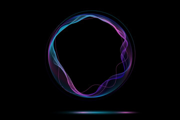 Round frame made of dynamic neon curved lines for technology concepts, user interface design, web design. Blue and purple lines. Black background. Copy Space. Vector illustration