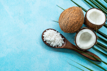 Coconut flakes banner type image with half cut coconut isolated on blue colour background and copy space for text