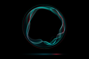 Round frame made of dynamic neon curved lines for technology concepts, user interface design, web design. Red and blue and dark blue lines. Black background. Vector illustration