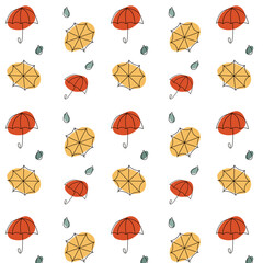 Seamless pattern with umbrellas and raindrops. Hand drawn autumn accessories. Protection from rain. Beautiful autumn background for printing, fabrics, textiles, banners, covers. Vector illustration
