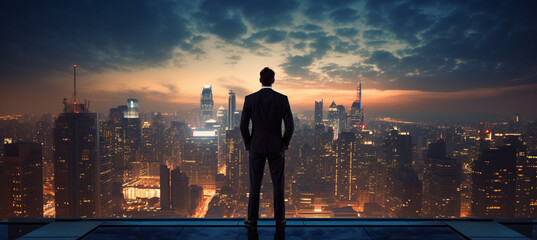 Confident businessman standing on the building rooftop while looking at the silhouette of cityscape at