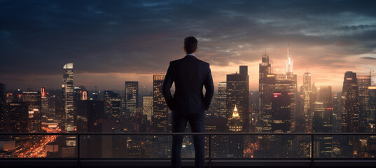 Confident businessman standing on the building rooftop while looking at the silhouette of cityscape at