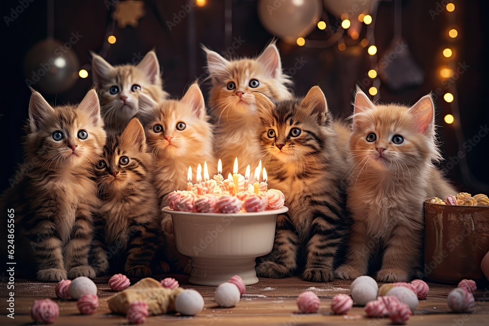 Wall mural Cat birthday party. Celebrate kittens with cake and ice cream and candles party animals