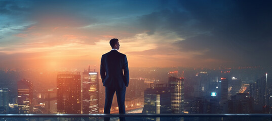 Fototapeta premium Confident businessman standing on the building rooftop while looking at the silhouette of cityscape at