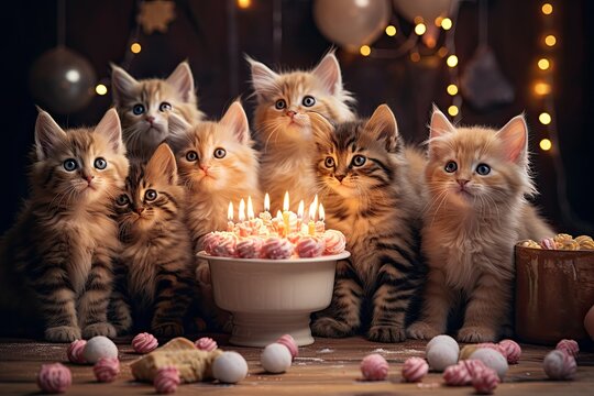 Cat birthday party. Celebrate kittens with cake and ice cream and candles party animals