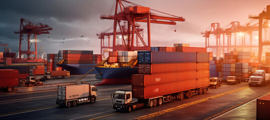 Container truck in ship port for business Logistics and transportation of Container Cargo ship