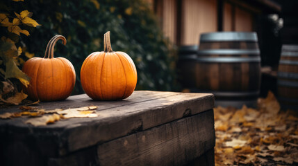 Pumpkin standing on the rustic wooden table with wine barrel in the background. Minimalistic autumn composition. Moody colors, country vibe.