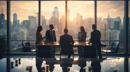 soft and blurred, silhouette style . backside of business team. tower view of business district. Generative Ai