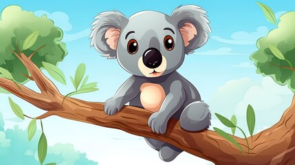 Cartoon koala hanging on a tree and holding a branch, generated by AI
