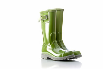 Pair of green rain boots sitting on top of white floor next to each other. Generative AI.