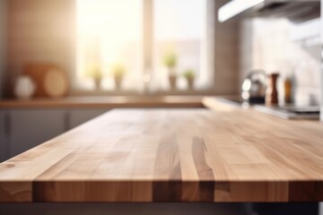 Empty wooden table and blurred kitchen background. Generative AI