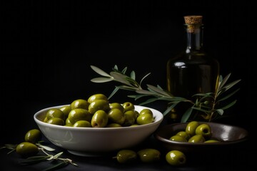 Green olives in a white bowl next to a bottle with olive oil and leaves on a black background.  Generative AI