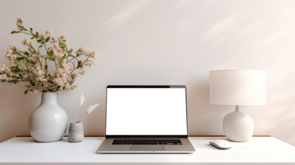 transparent blank laptop screen on a table ,mockup template,generative ai
