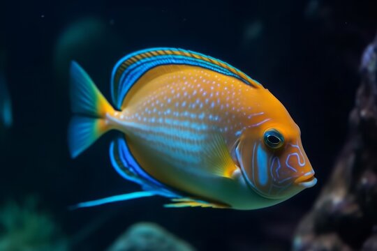 Orangespine unicornfish in aquarium blue water. Generative AI