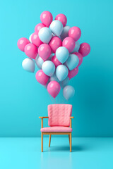 Chair with bunch of pink and white balloons floating from it's back. Generative AI.