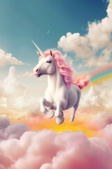 Obraz na płótnie Canvas Unicorn is flying through the clouds with rainbow in the sky behind it. Generative AI.