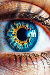 Close up of blue eye with yellow and blue irises on it. Generative AI.