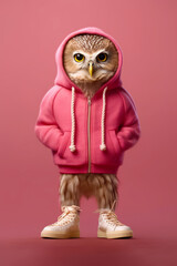 Owl wearing pink hoodie with hoodie on it's head. Generative AI.