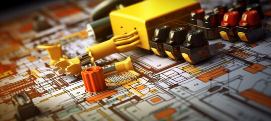 electrician tools and electrical equipment on wiring diagram