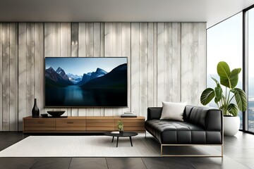 Smart Tv mockup hanging on the concrete wall in modern luxury interior