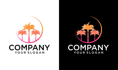 Abstract design summer logo template with palm trees. Modern minimal linear badge and emblem set for social media, vacations rentals and travel services.
