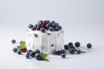 White cake with blueberries on the white background. Generative AI