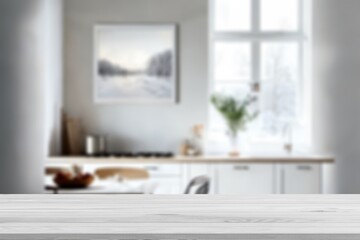 Kitchen empty table top with blurred interior