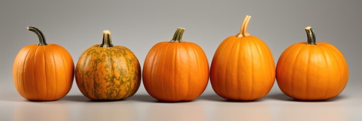 A Row Of Pumpkins Sitting Next To Each Other. Pumpkins, Fall Decor, Autumn Colors, Harvest Displays, Holiday Decorating, Halloween Crafts. Generative AI