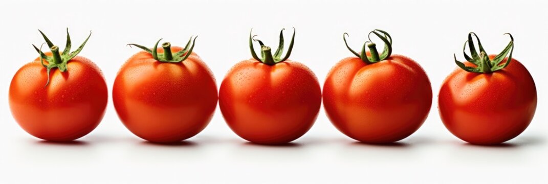 Five Tomatoes Lined Up In A Row On A White Background. Tomatoes, Row, White Background, Arrangement, Line Up. Generative AI