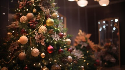 christmas celebrate festive greeting joyful happiness background christmas tree fireplace with kighting bokeh and decorating items blur bokeh background ,ai generate