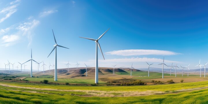 A Group Of Windmills In A Green Field. Windmills, Green Fields, Landscape, Ecosystem, Energy, Nature. Generative AI