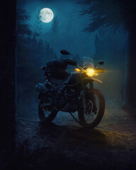 Plakat motorcycle in the forest at night