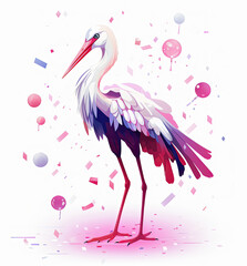 cute cartoon storch with confetti sprinkles, a low poly illustration, adorable character, mascot, concept, digital art