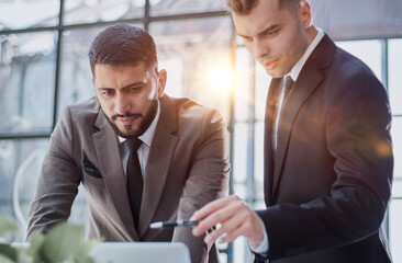 two professional businessmen discussing and using desktop computer in office