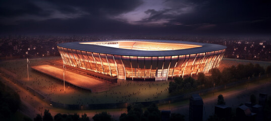 Football stadium at night. An imaginary stadium is modelled and rendered