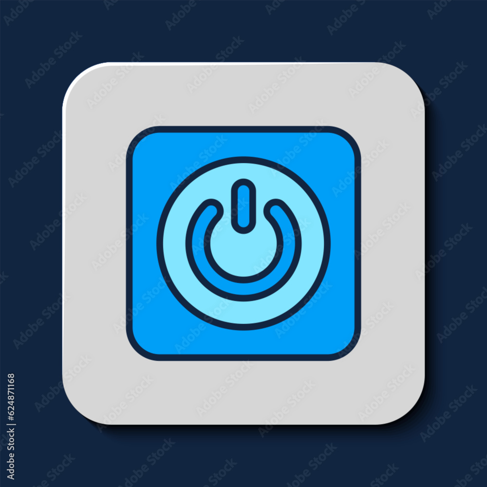 Poster filled outline power button icon isolated on blue background. start sign. vector