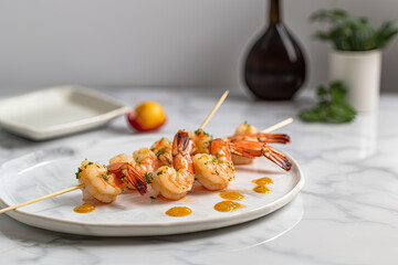 Grilled shrimp skewers. Seafood, shelfish. Shrimps Prawns skewers with herbs, garlic and lemon on...